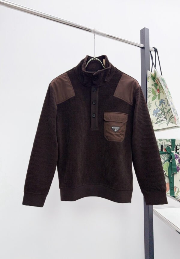 PRDA Button-Neck Jumper with Chest Pocket - Brown