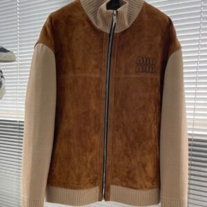 1 MIMI Suede Zip-Up Jacket with Knit Sleeves – Brown Beige