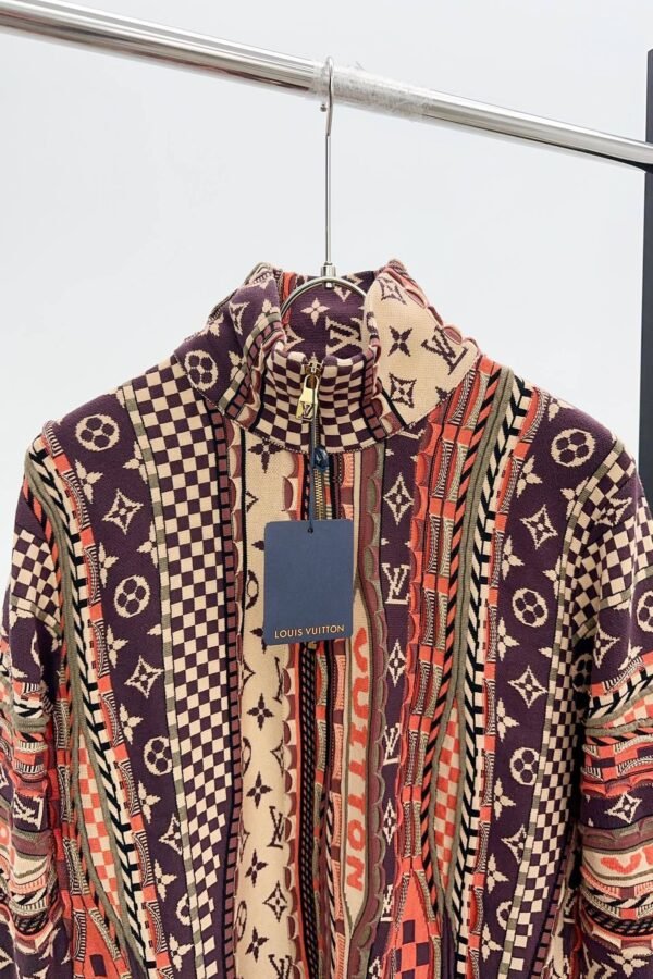 LVE Damier & Monogram Jacquard Zip Jacket – Burgundy Tone