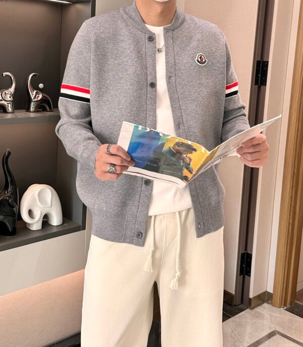 MNCLR Knitted Button Jacket with Stripe Sleeve - Grey