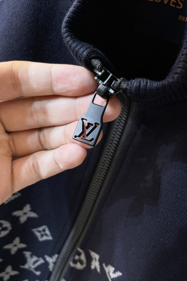 LVE Monogram Panelled Zip-Up Knit Jacket – Navy/Grey