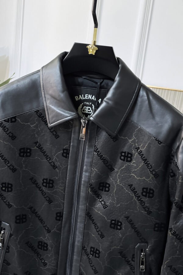 6 BLNCG BB Logo Monogram Textured Leather Jacket - Black