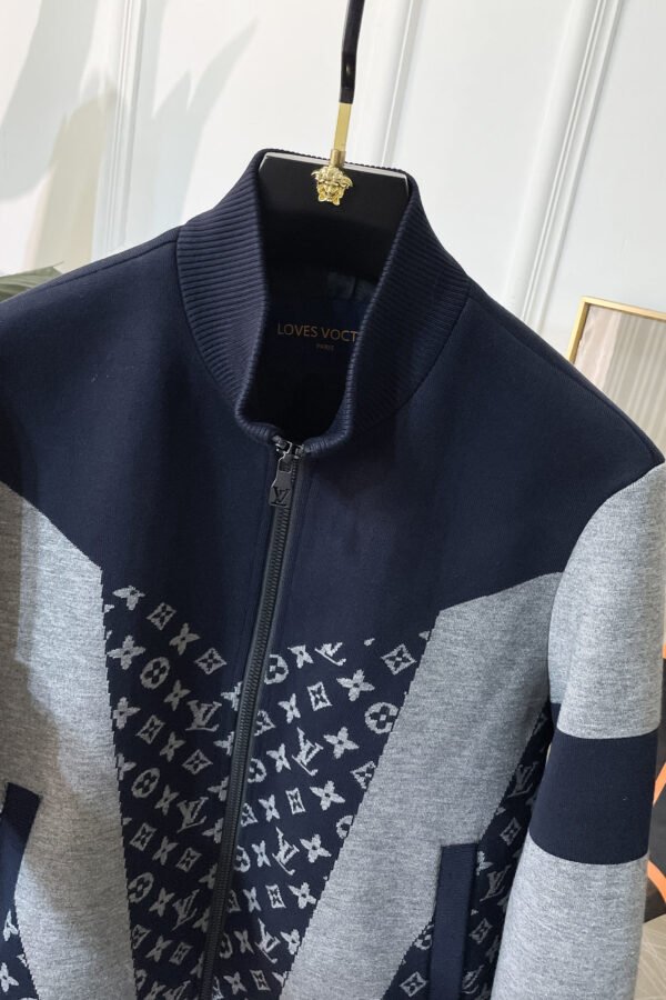 LVE Monogram Panelled Zip-Up Knit Jacket – Navy/Grey