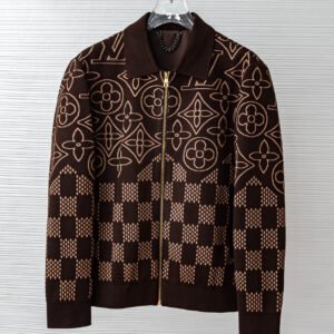 LVE Damier Panel Monogram Zip Knit Jacket – Brown