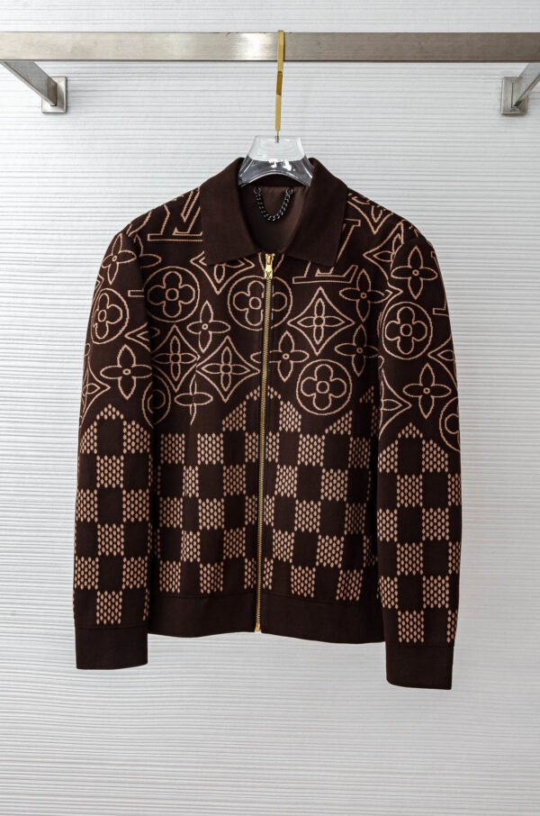 LVE Damier Panel Monogram Zip Knit Jacket – Brown