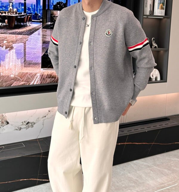 MNCLR Knitted Button Jacket with Stripe Sleeve - Grey