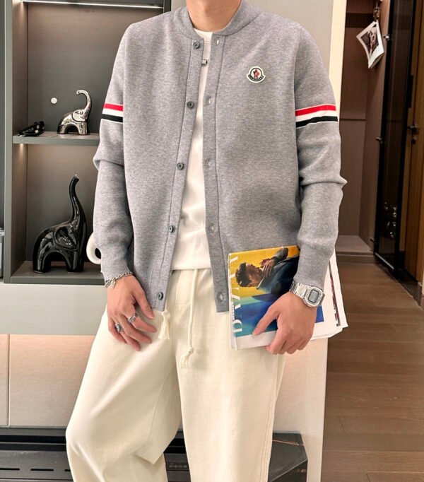 MNCLR Knitted Button Jacket with Stripe Sleeve - Grey