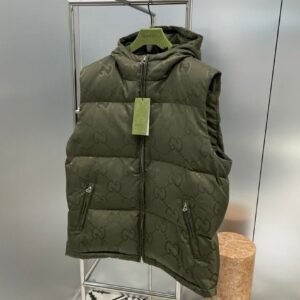 GCCI Monogram Hooded Puffer Gilet – Olive
