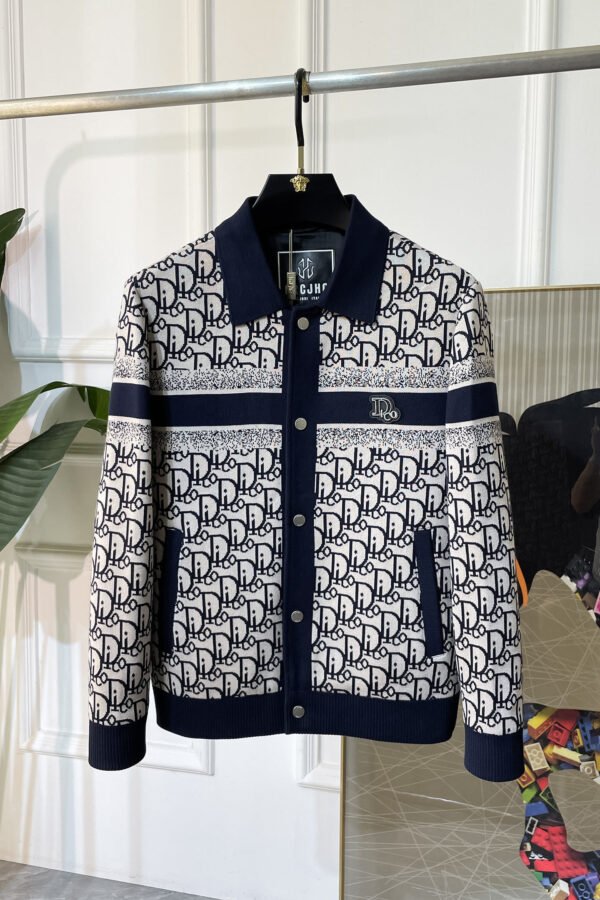 CD Monogram Jacket with Ribbed Trim - Navy