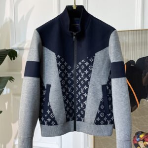 LVE Monogram Panelled Zip-Up Knit Jacket – Navy/Grey
