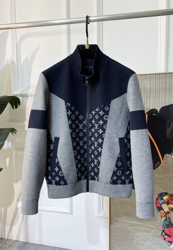 LVE Monogram Panelled Zip-Up Knit Jacket – Navy/Grey