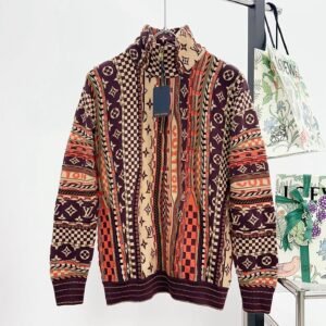 LVE Damier & Monogram Jacquard Zip Jacket – Burgundy Tone