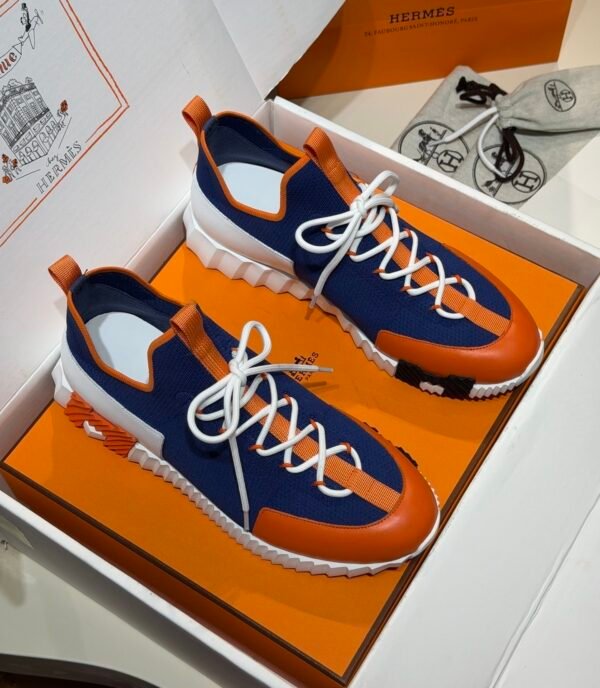 HRMS Knit & Leather Low-Top Trainers – Blue with Orange Stripe