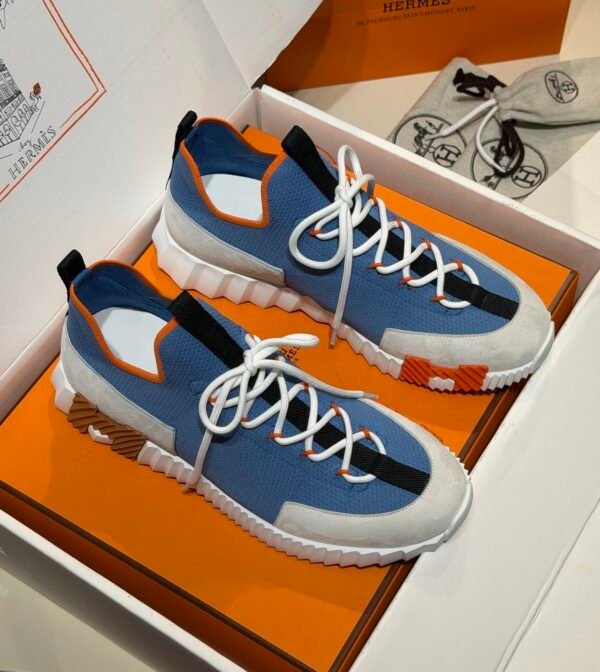 HRMS Knit & Suede Low-Top Trainers – Blue with Black Stripe