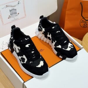 HRMS Cow-Print Canvas & Leather Low-Top Trainers – Black & White