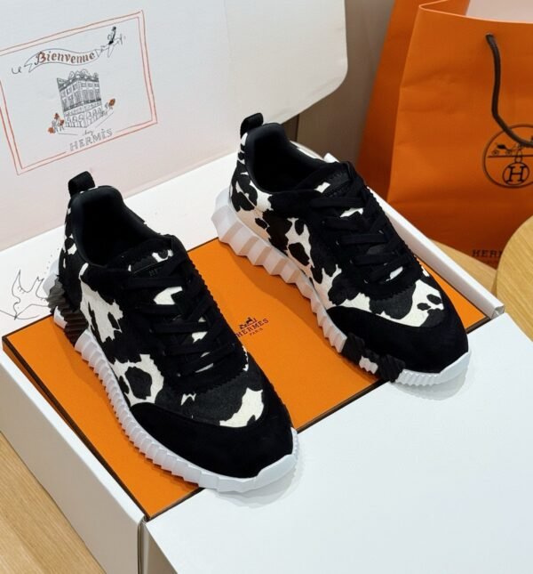 HRMS Cow-Print Canvas & Leather Low-Top Trainers – Black & White