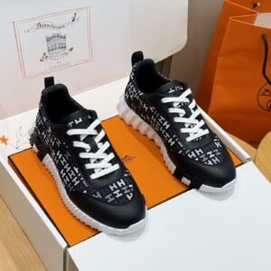 HRMS Monogram Canvas & Leather Low-Top Trainers – Black & White