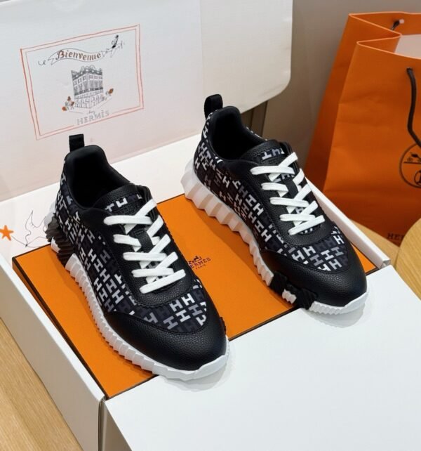 1 HRMS Monogram Canvas & Leather Low-Top Trainers – Black & White