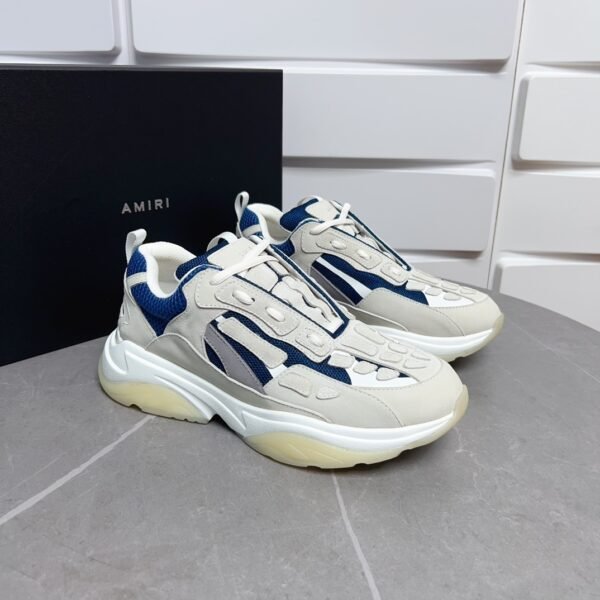 AMR Mesh & Suede Bone Runner Trainers – Beige Off-White & Blue