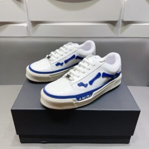 AMR Low-Top Leather Skel Trainers – White & Blue Accents