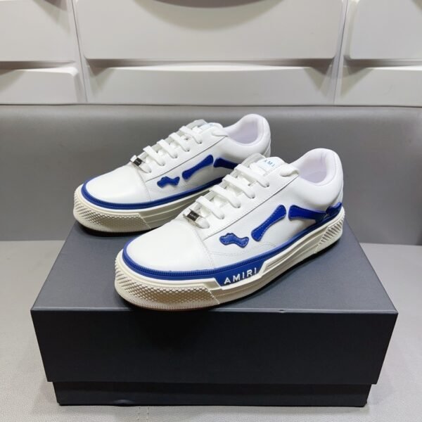 AMR Low-Top Leather Skel Trainers – White & Blue Accents