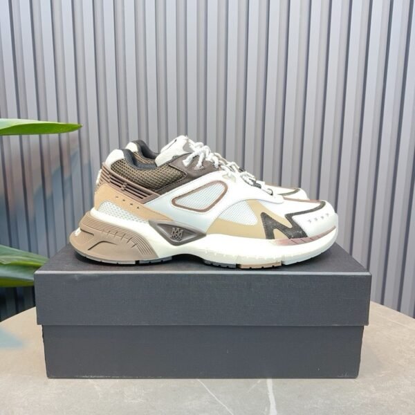 1 AMR Mesh & Leather Runner Trainers - White & Brown