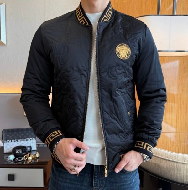 1 VRSC Medusa Head Embroidered Logo Greek Key Bomber Jacket - Black