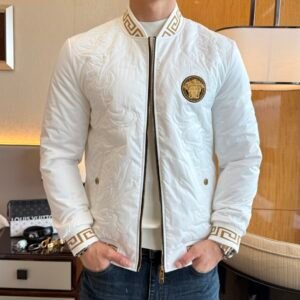 1 VRSC Medusa Head Embroidered Logo Greek Key Bomber Jacket – White