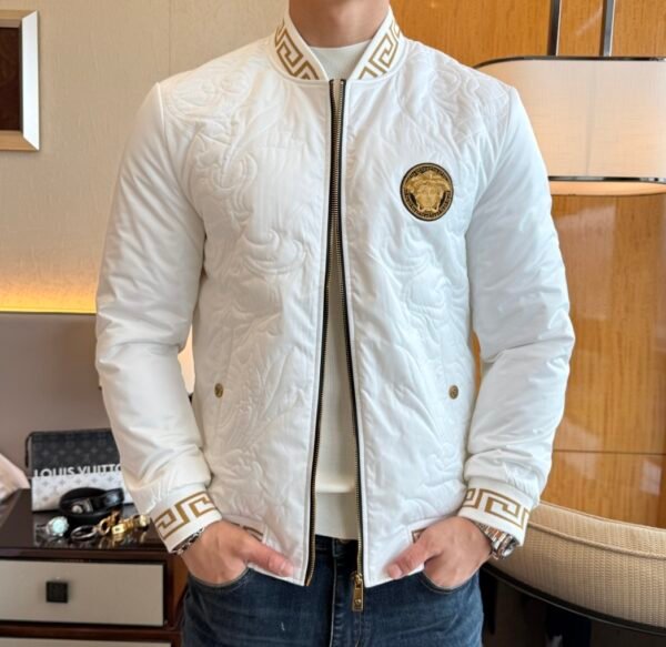 VRSC Medusa Head Embroidered Logo Greek Key Bomber Jacket – White