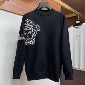 VRSC Medusa Motif Crewneck Jumper with Greca Sleeve Detail – Black