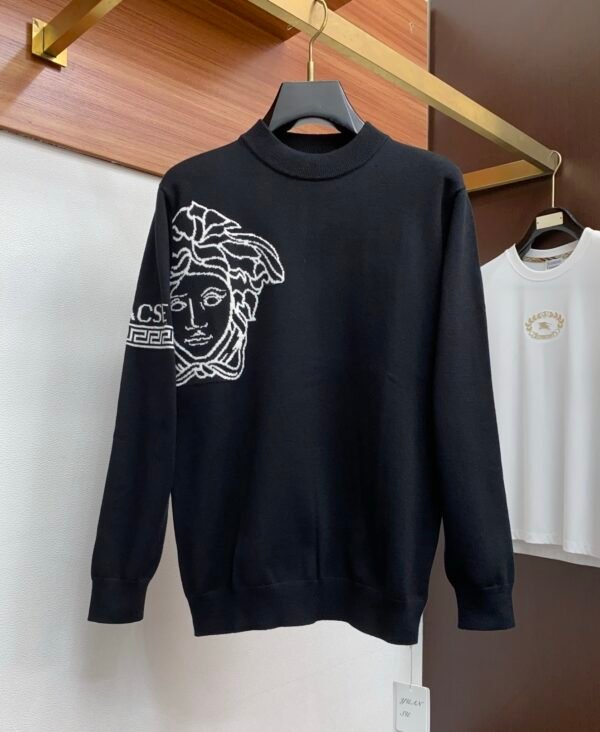 VRSC Medusa Motif Crewneck Jumper with Greca Sleeve Detail – Black