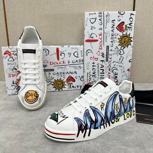 DG White Low-Top Trainers with Multicolour Graphic Prints