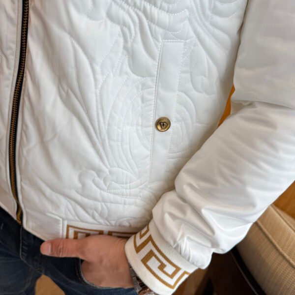 VRSC Medusa Head Embroidered Logo Greek Key Bomber Jacket – White