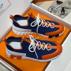 HRMS Knit & Leather Low-Top Trainers – Blue with Orange Stripe