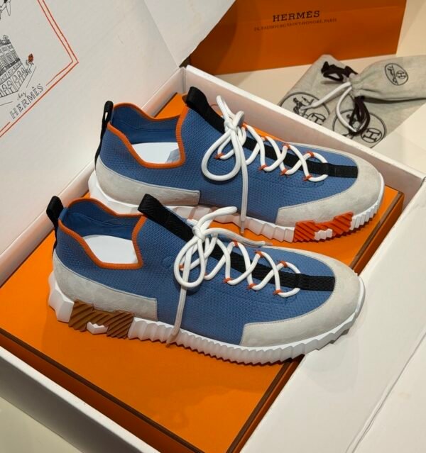 HRMS Knit & Suede Low-Top Trainers – Blue with Black Stripe