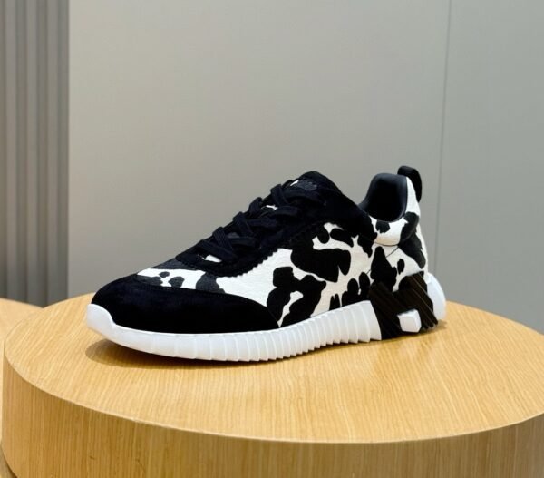 HRMS Cow-Print Canvas & Leather Low-Top Trainers – Black & White