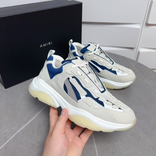 AMR Mesh & Suede Bone Runner Trainers – Beige Off-White & Blue