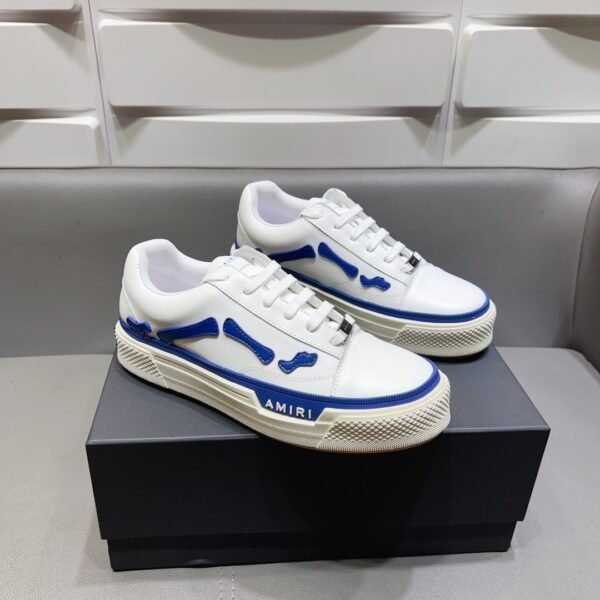 AMR Low-Top Leather Skel Trainers – White & Blue Accents