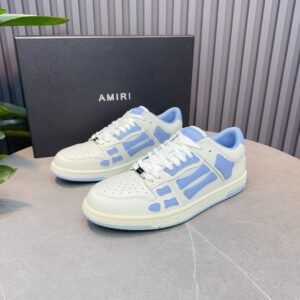 AMR Skel Leather Trainers – White with Baby Blue Accents