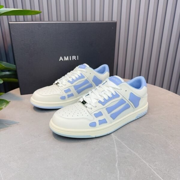 AMR Skel Leather Trainers – White with Baby Blue Accents