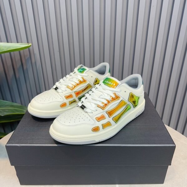 AMR Skel Leather Trainers – White with Holographic Green Accents