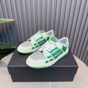 AMR Skel Leather Trainers – White with Green Accents