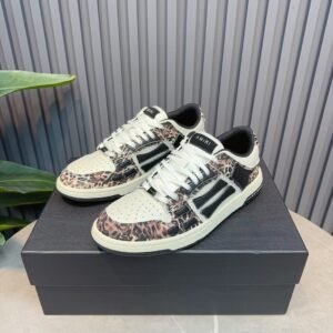 AMR Skel Leather Trainers – White with Leopard Print Textile Panels