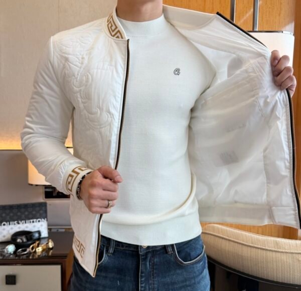 VRSC Medusa Head Embroidered Logo Greek Key Bomber Jacket – White