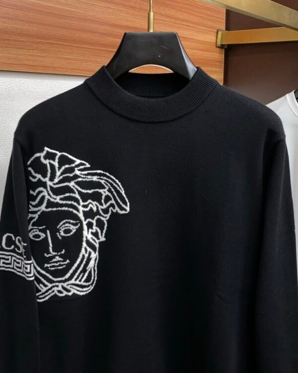 VRSC Medusa Motif Crewneck Jumper with Greca Sleeve Detail – Black