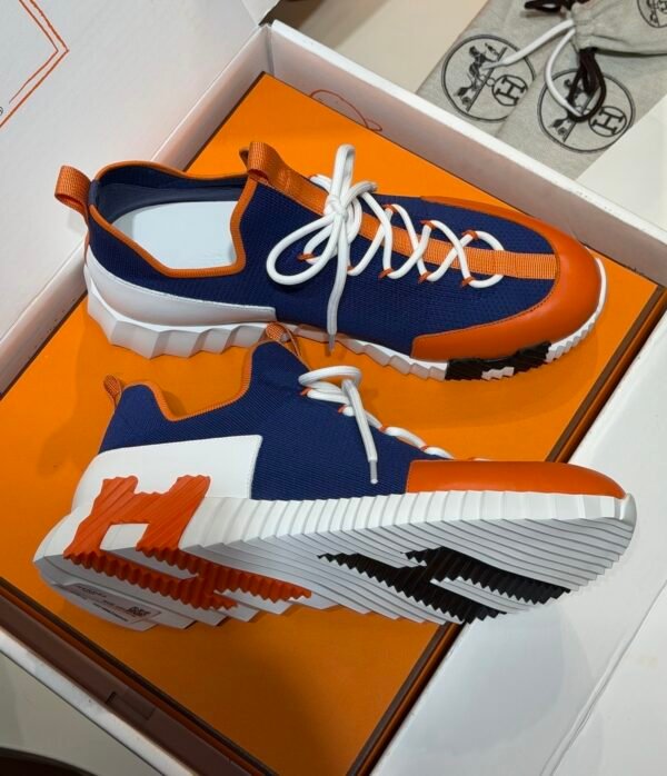 HRMS Knit & Leather Low-Top Trainers – Blue with Orange Stripe