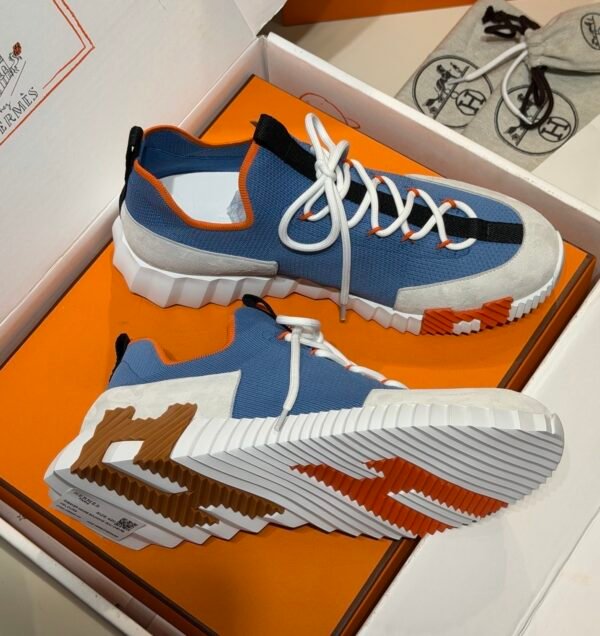 HRMS Knit & Suede Low-Top Trainers – Blue with Black Stripe