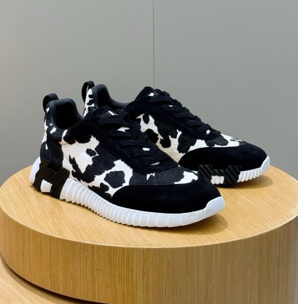 HRMS Cow-Print Canvas & Leather Low-Top Trainers – Black & White