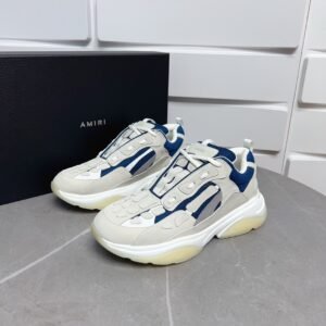 AMR Mesh & Suede Bone Runner Trainers – Beige Off-White & Blue