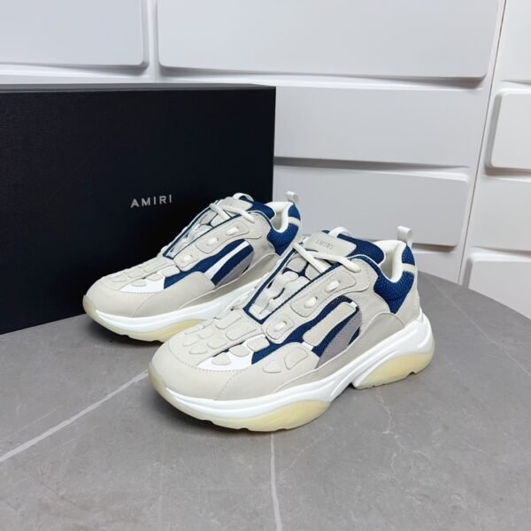 AMR Mesh & Suede Bone Runner Trainers – Beige Off-White & Blue